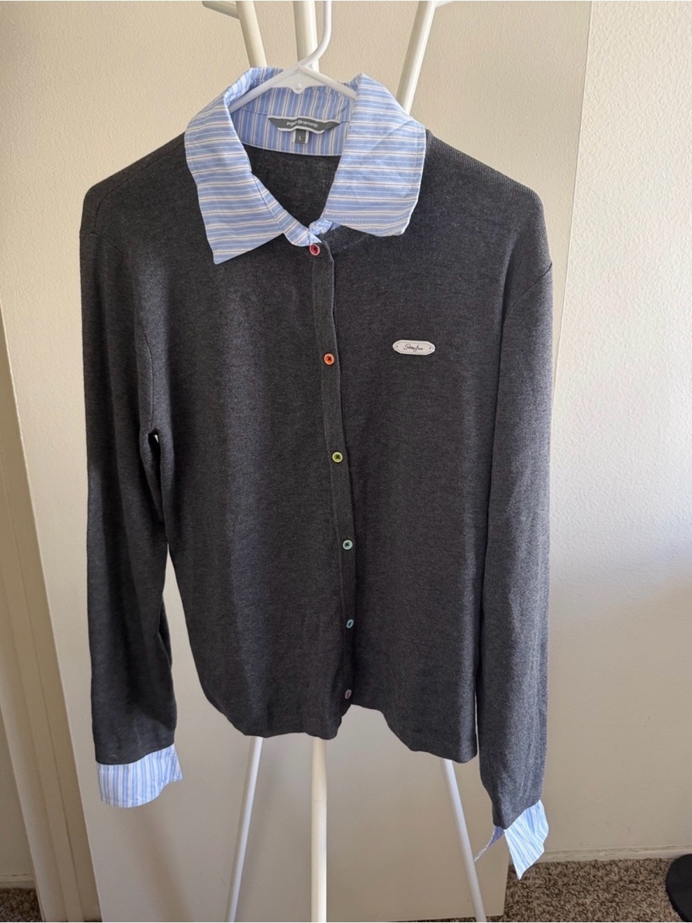 SO Charcoal Knit Cardigan with Light Blue Striped Collar and Multicolor Buttons